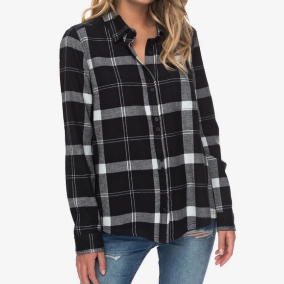 Roxy Heavy Feelings Black Plaid Long Sleeve Shirt - Picture 1 of 3